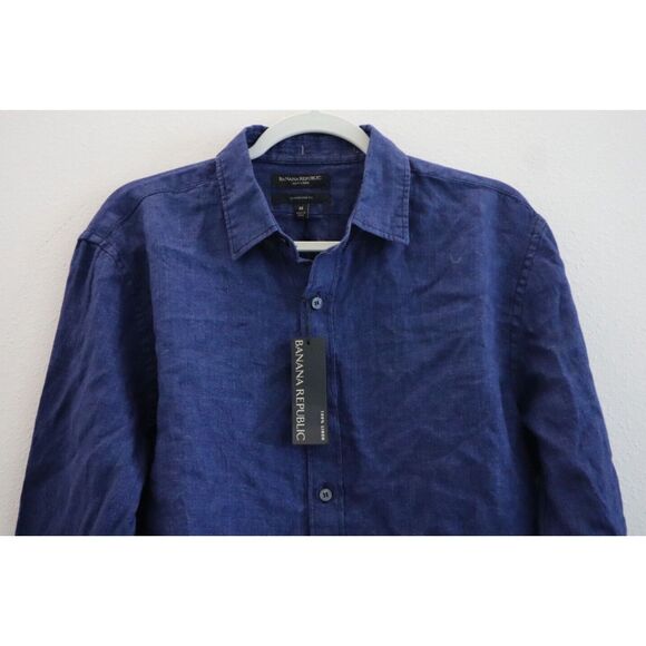 Banana Republic Men's Sz M Navy Blue Standard-Fit Button Down Linen Shirt $85 - Picture 3 of 15